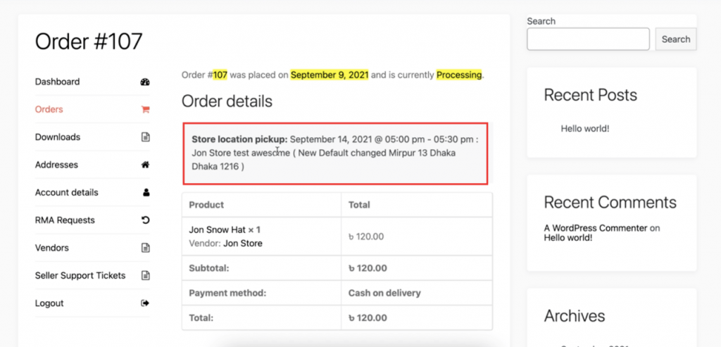 Dokan Delivery Time 30 this is a screenshot of store pickup